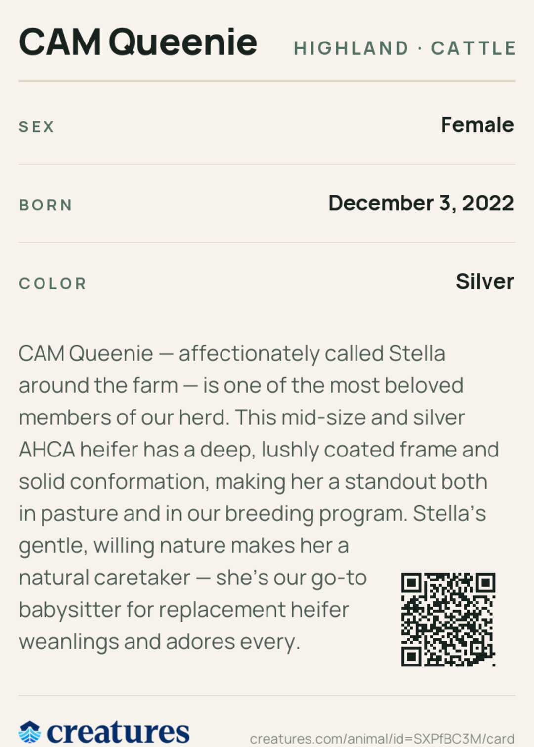 CAM Queenie Creature Card back