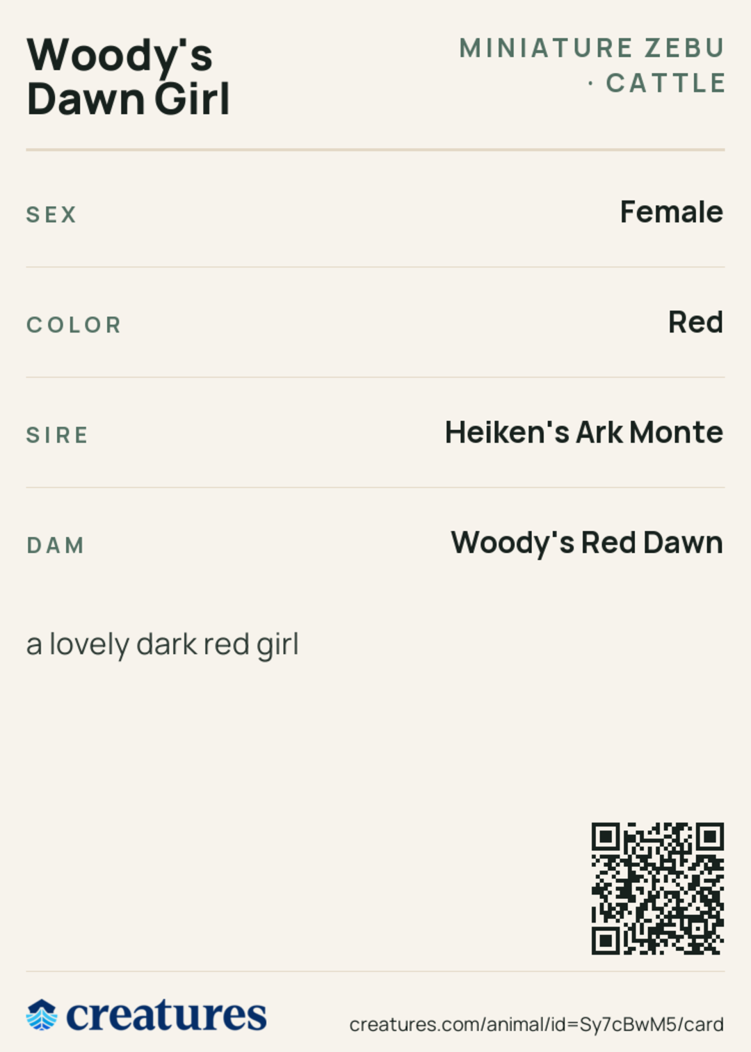 Woody's Dawn Girl Creature Card back