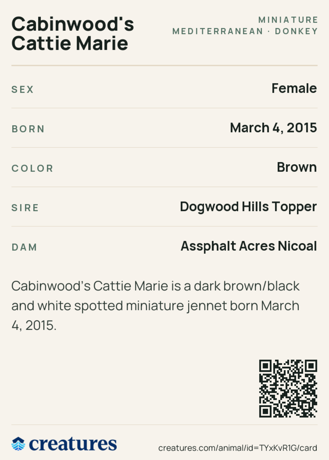 Cabinwood's Cattie Marie Creature Card back