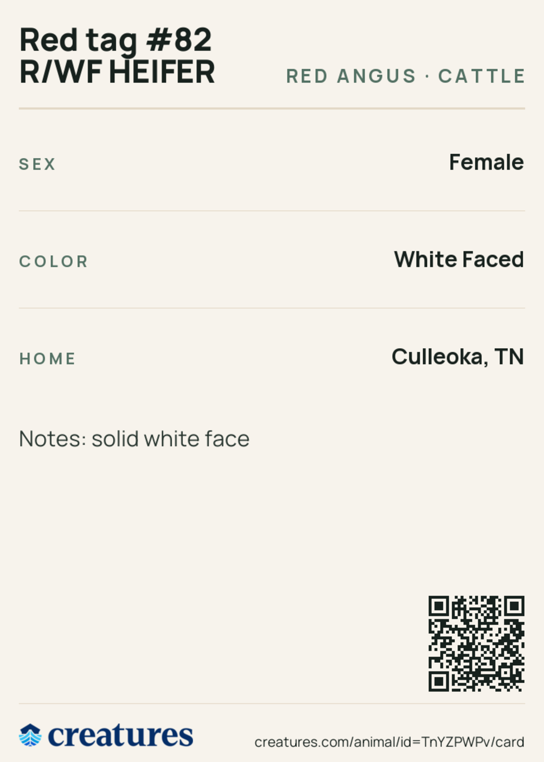 Red tag #82 R/WF HEIFER Creature Card back