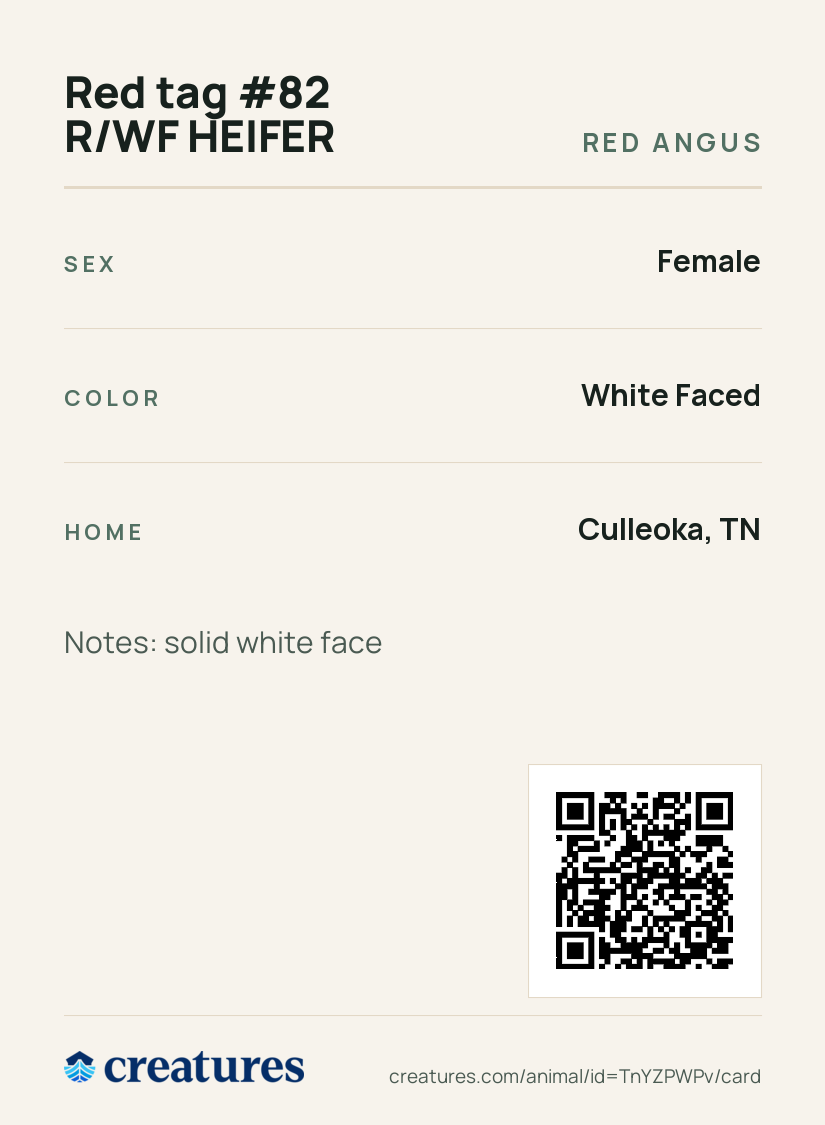 Red tag #82 R/WF HEIFER Creature Card back
