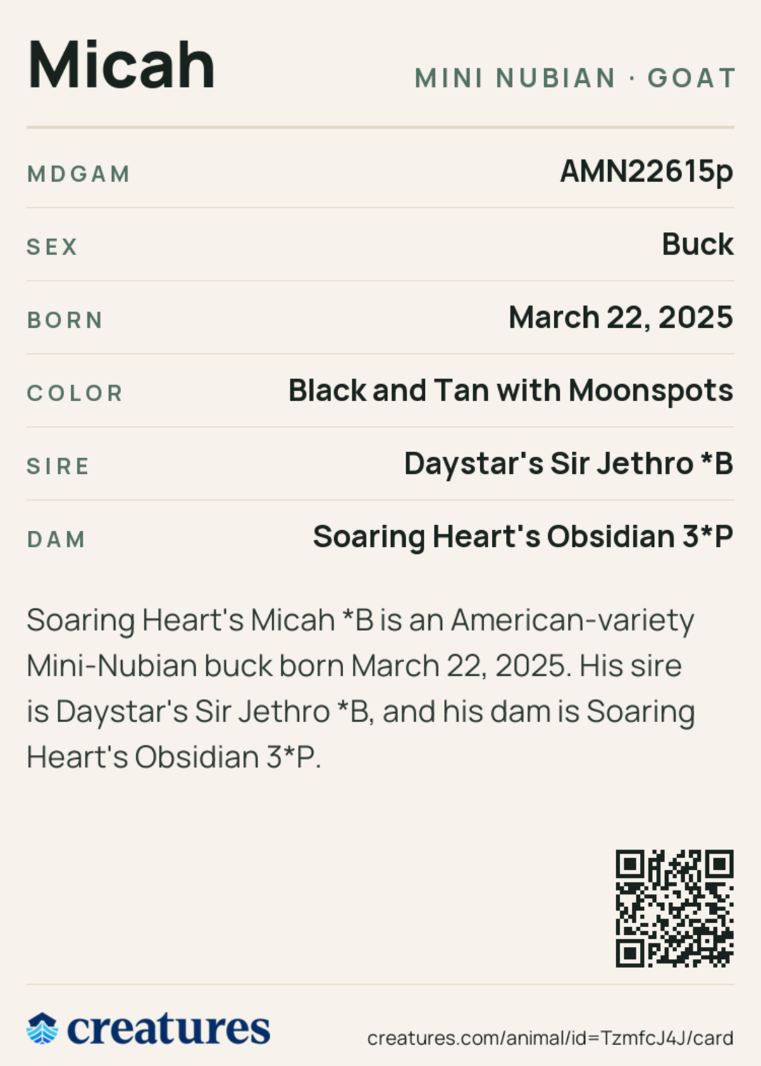 Micah Creature Card back
