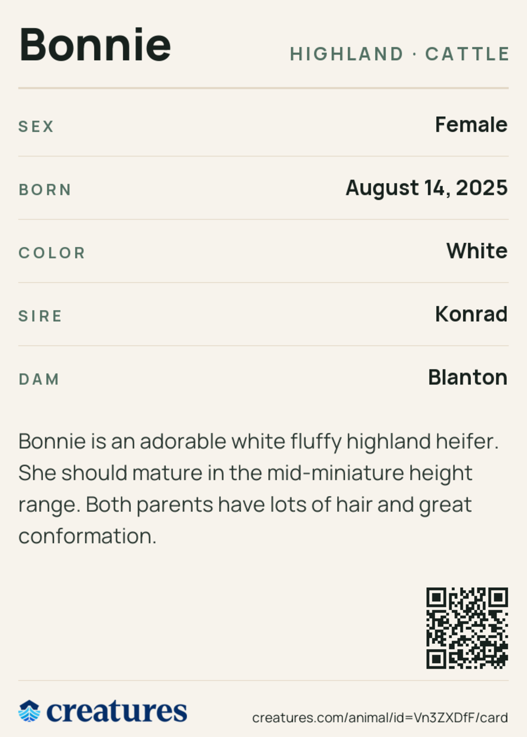 Bonnie Creature Card back