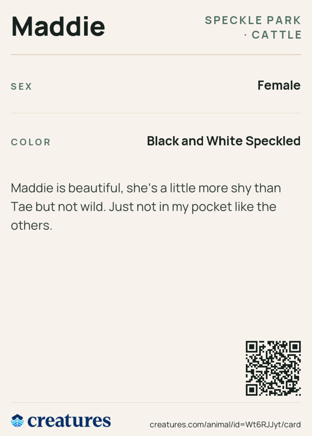 Maddie Creature Card back