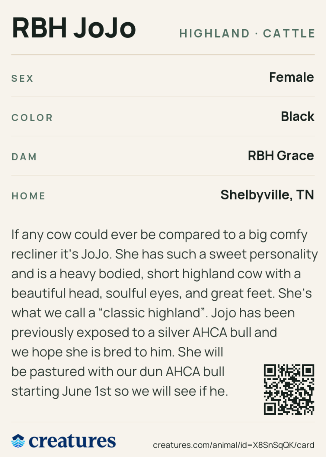 RBH JoJo Creature Card back