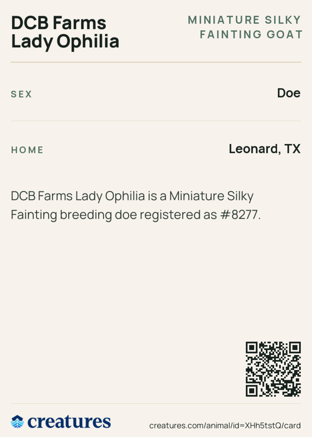 DCB Farms Lady Ophilia Creature Card back