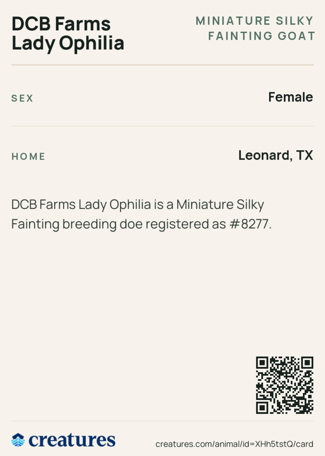 DCB Farms Lady Ophilia Creature Card back