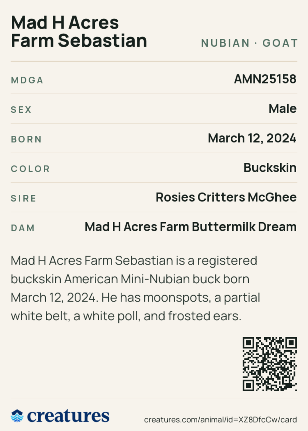 Mad H Acres Farm Sebastian Creature Card back