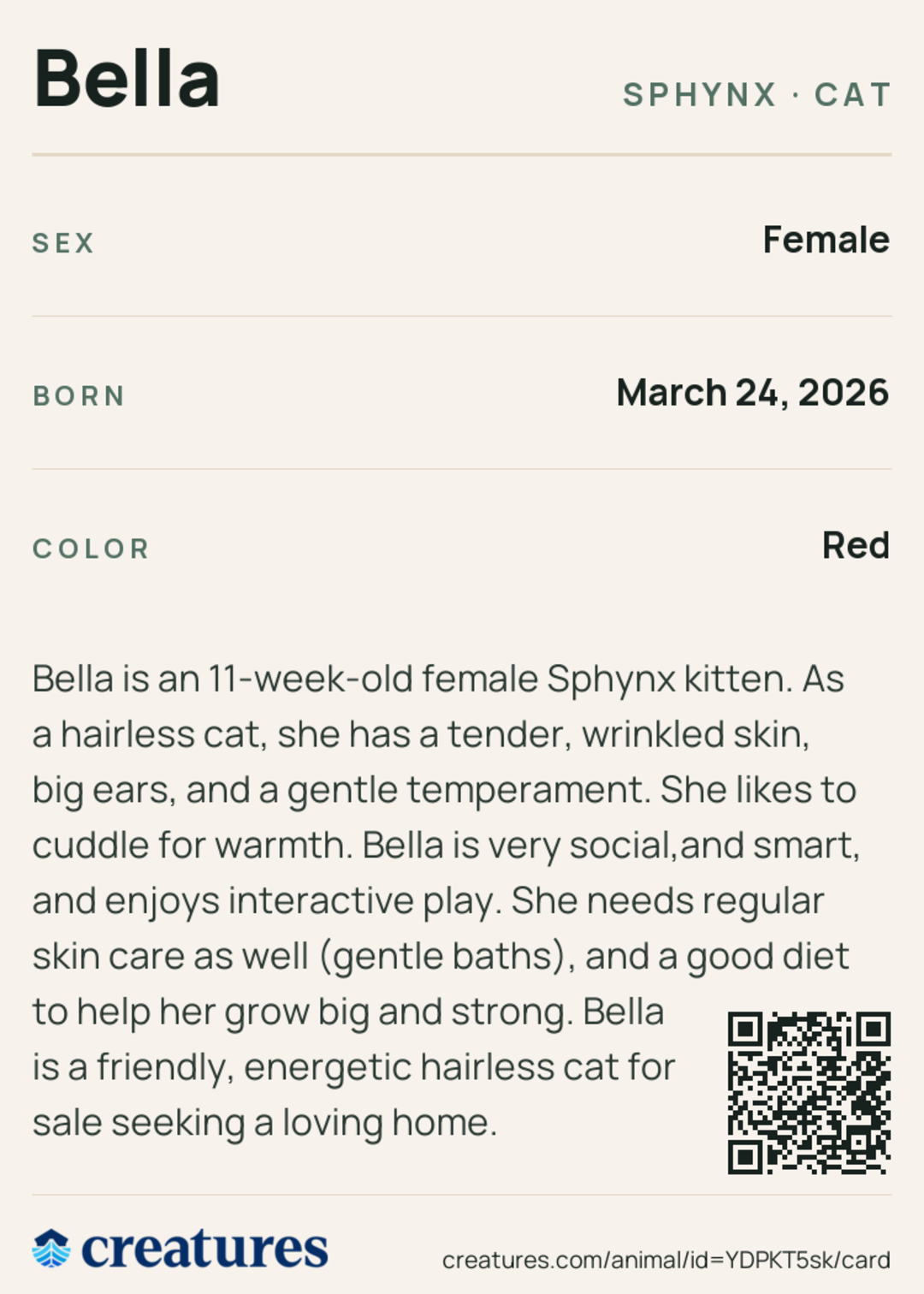 Bella Creature Card back