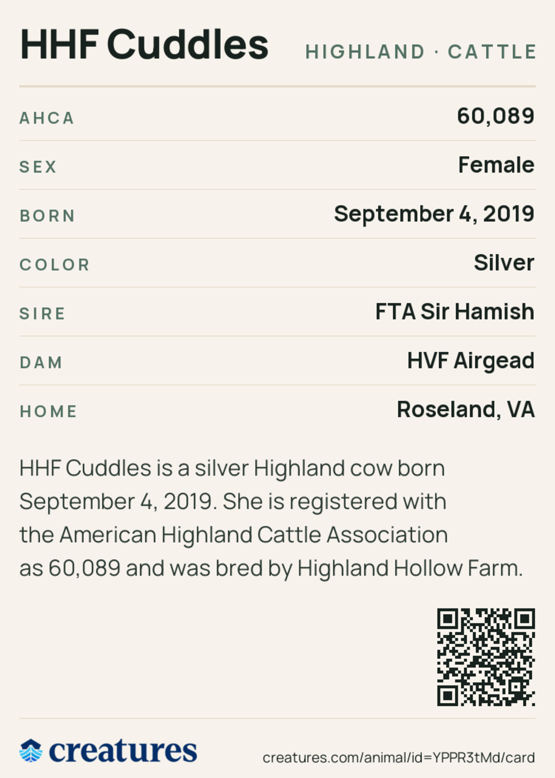 HHF Cuddles Creature Card back