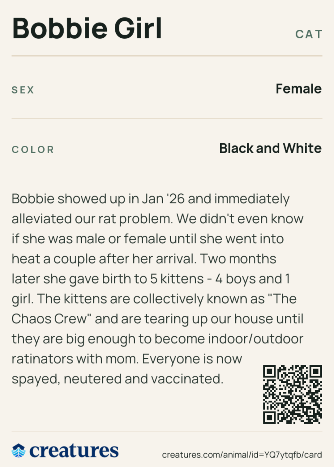 Bobbie Girl Creature Card back