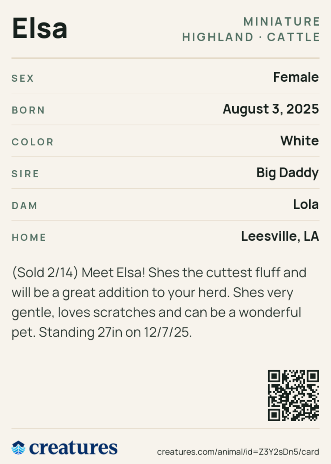 Elsa Creature Card back