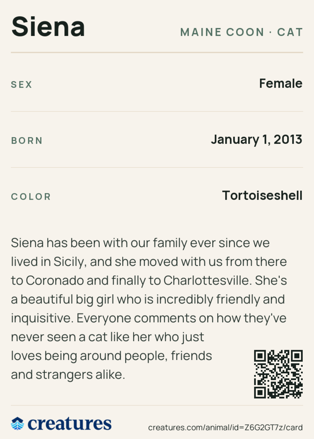 Siena Creature Card back