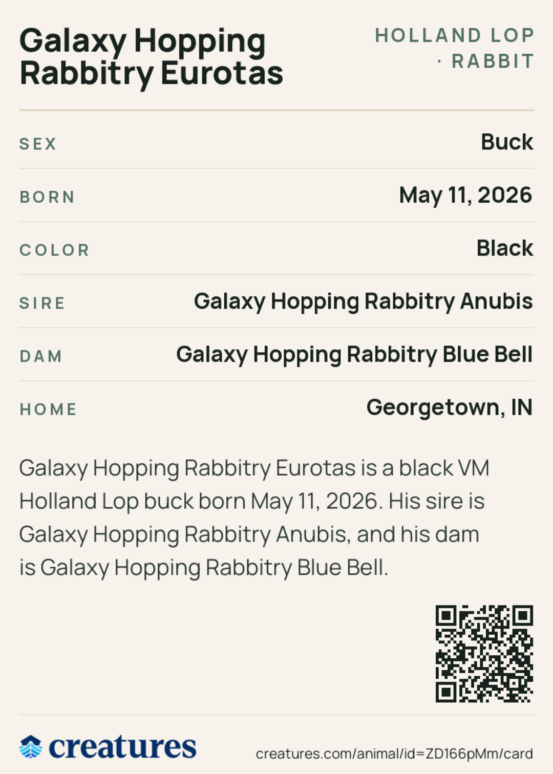 Galaxy Hopping Rabbitry Eurotas Creature Card back