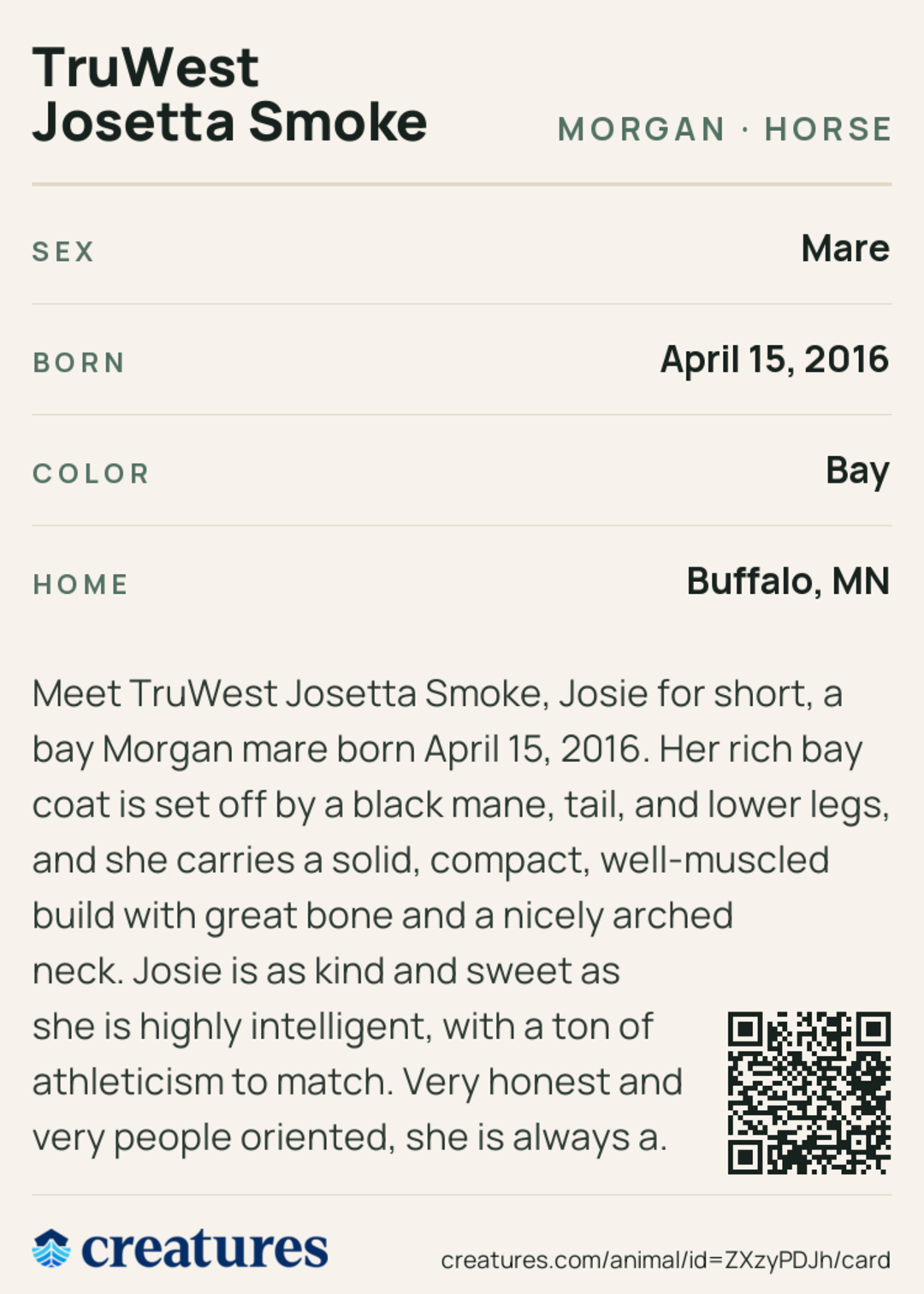 TruWest Josetta Smoke Creature Card back