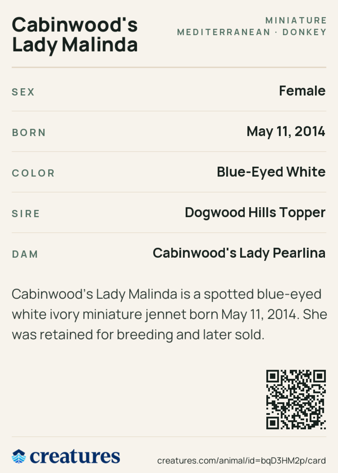 Cabinwood's Lady Malinda Creature Card back