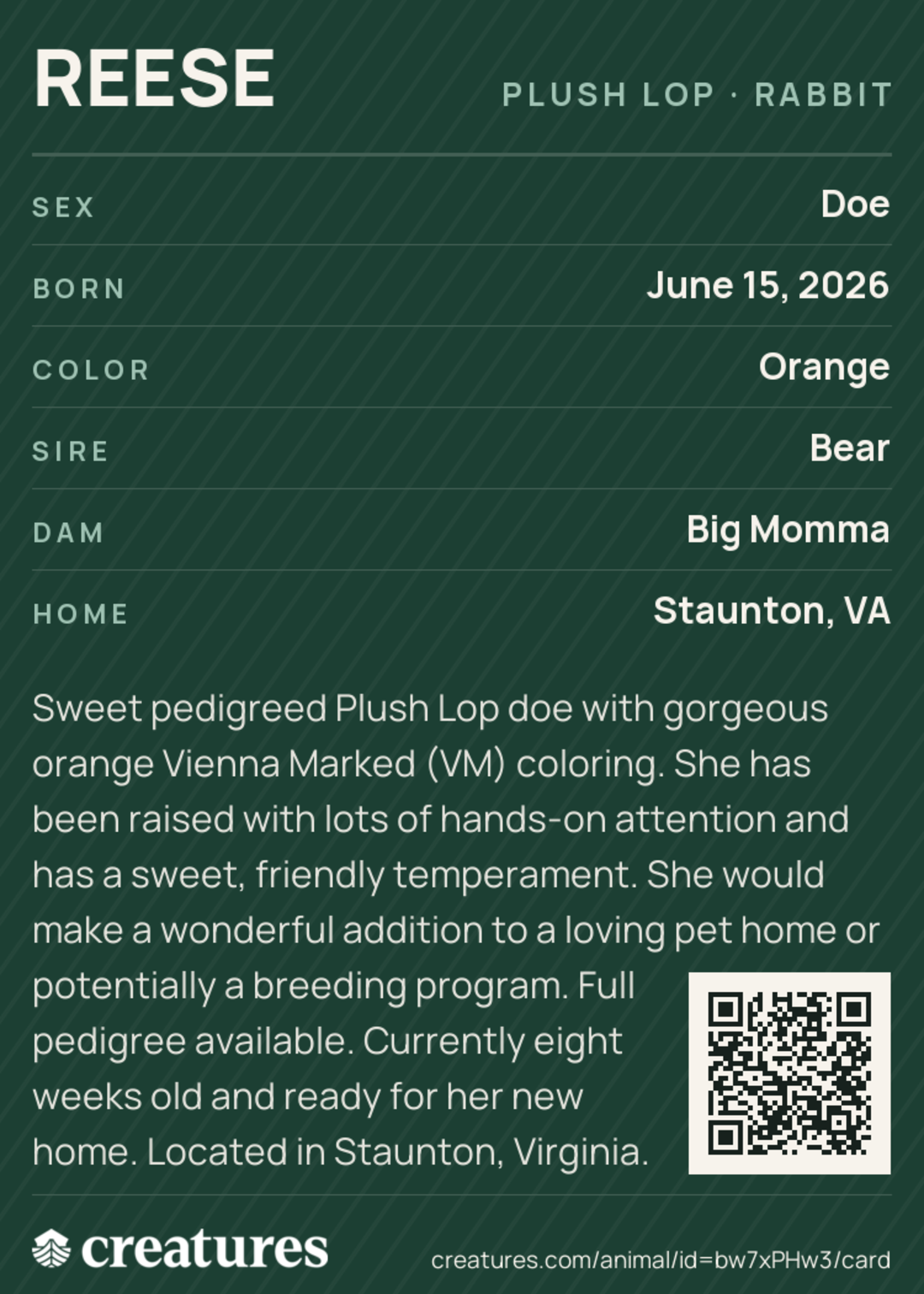 Reese Creature Card back