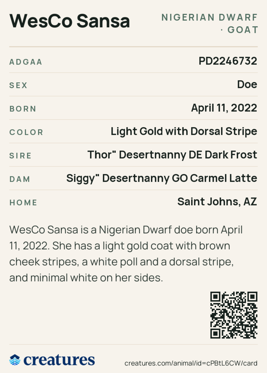 WesCo Sansa Creature Card back