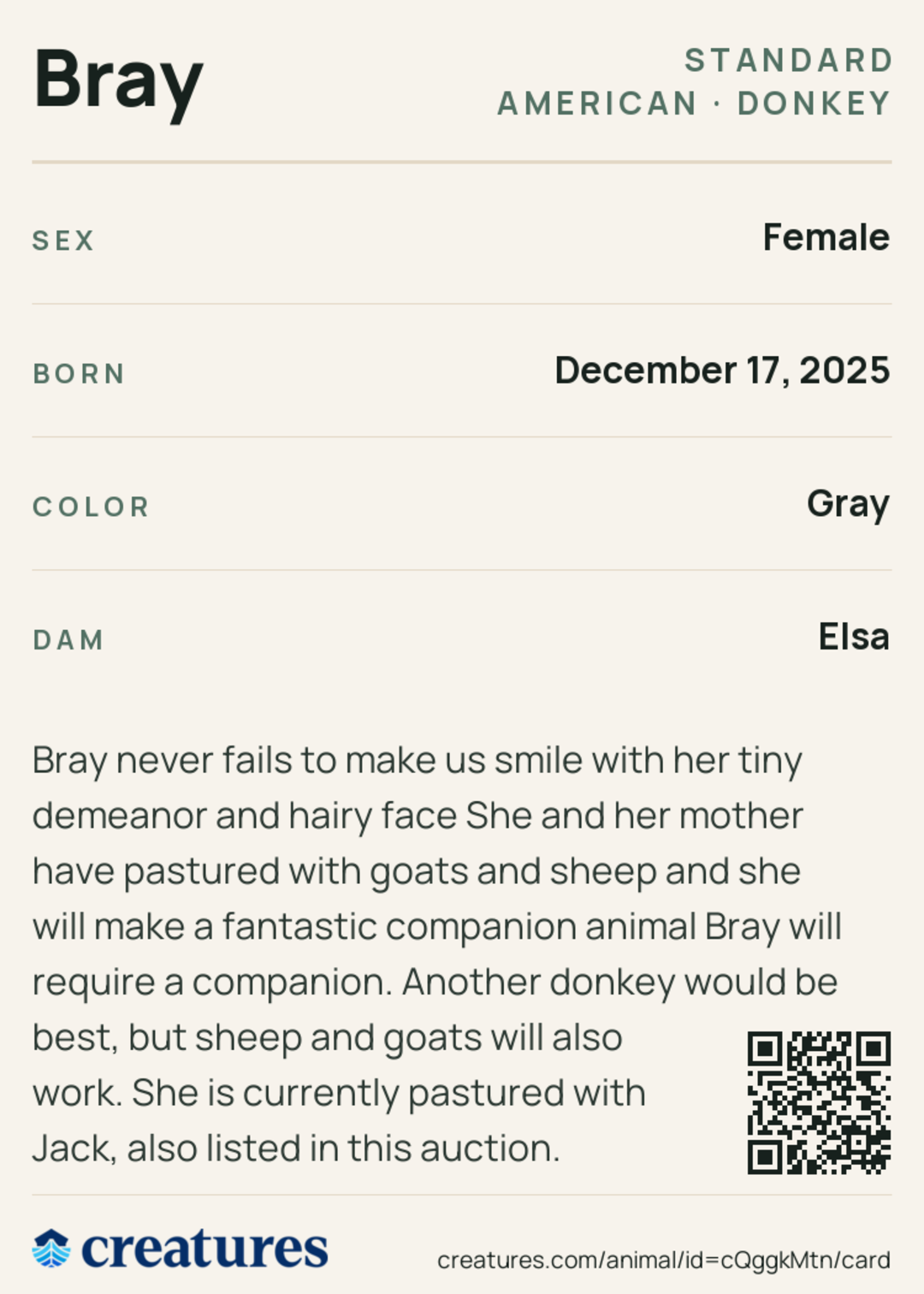 Bray Creature Card back