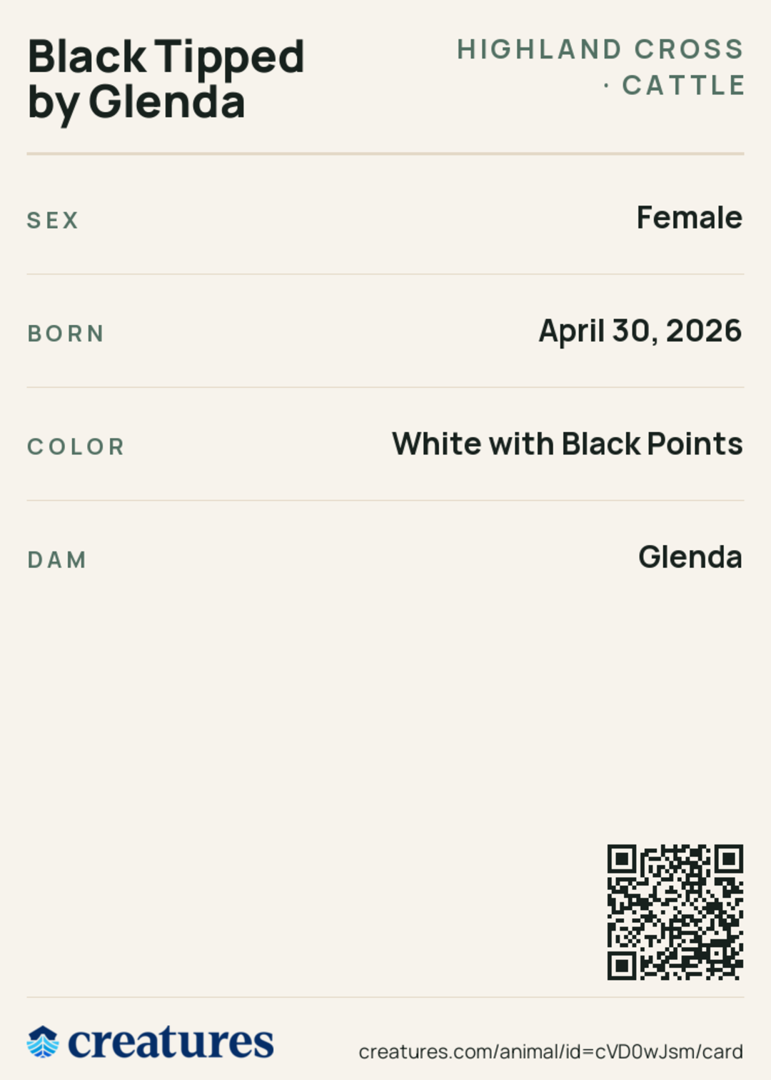 Black Tipped by Glenda Creature Card back