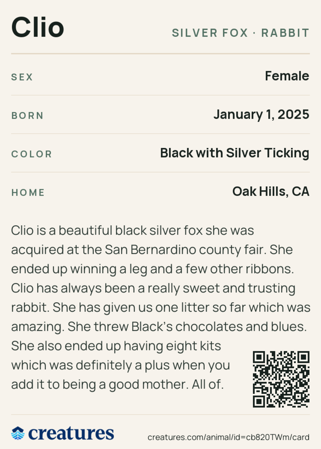 Clio Creature Card back