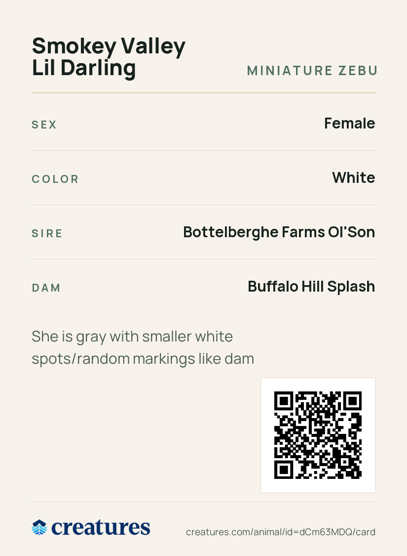 Smokey Valley Lil Darling Creature Card back
