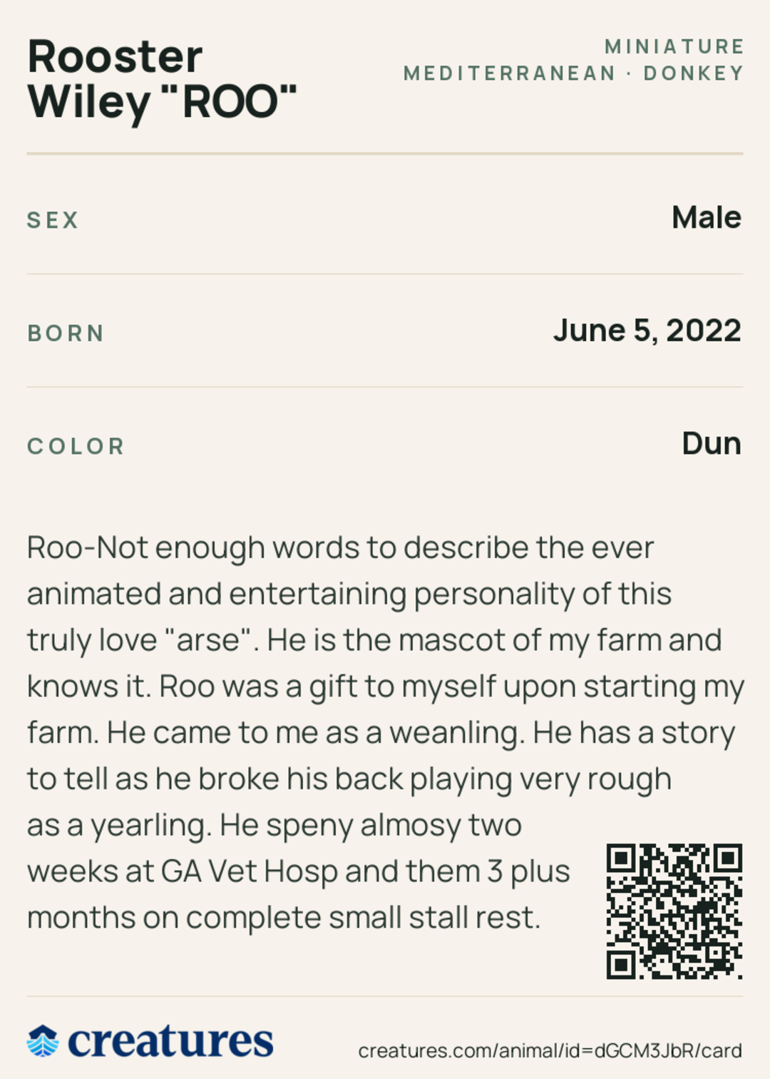 Rooster Wiley "ROO" Creature Card back