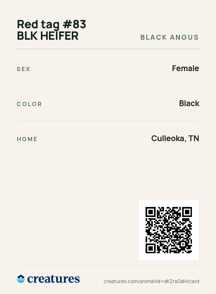 Red tag #83 BLK HEIFER Creature Card back