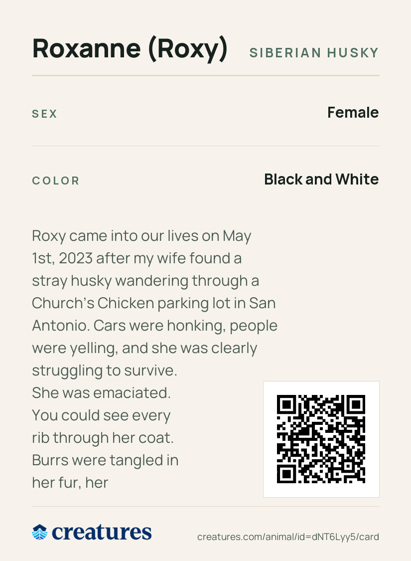 Roxanne (Roxy) Creature Card back