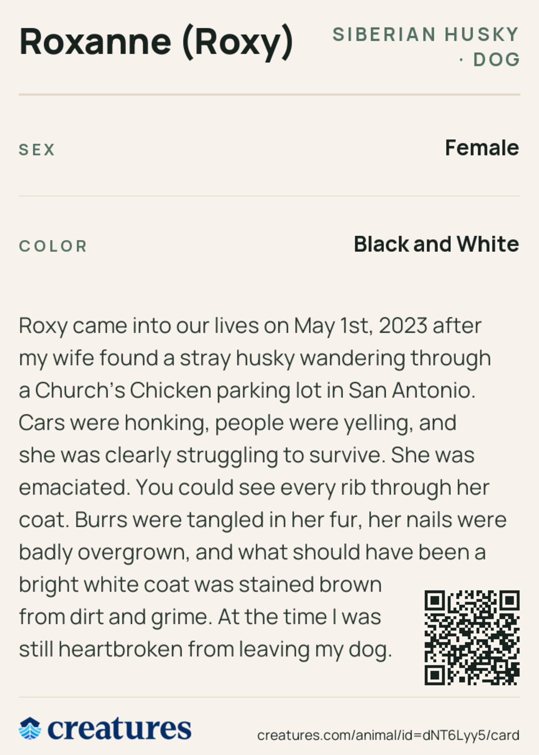 Roxanne (Roxy) Creature Card back