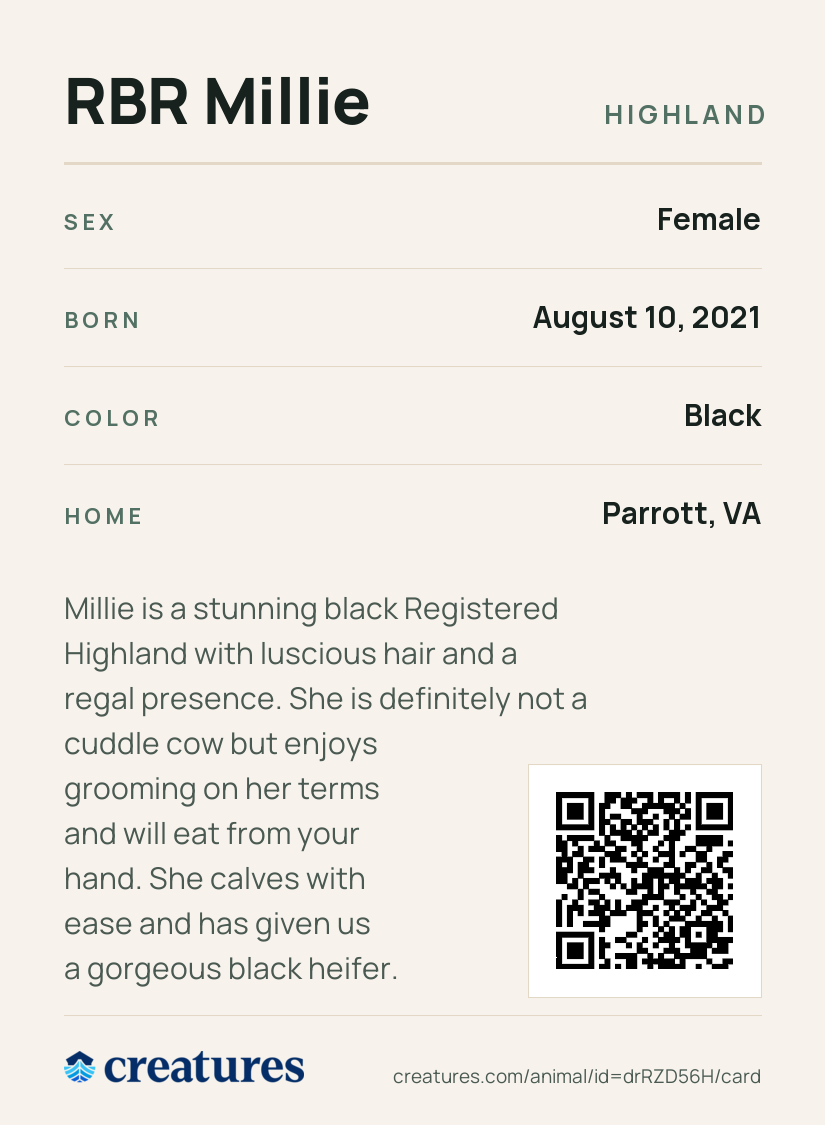 RBR Millie Creature Card back