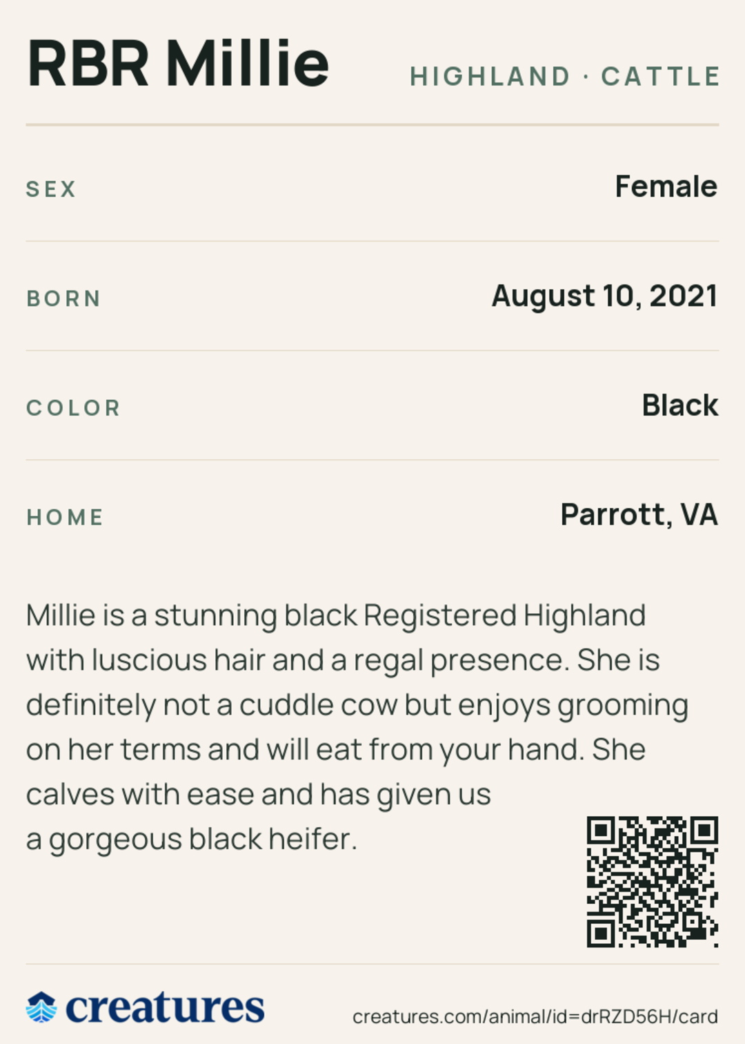 RBR Millie Creature Card back