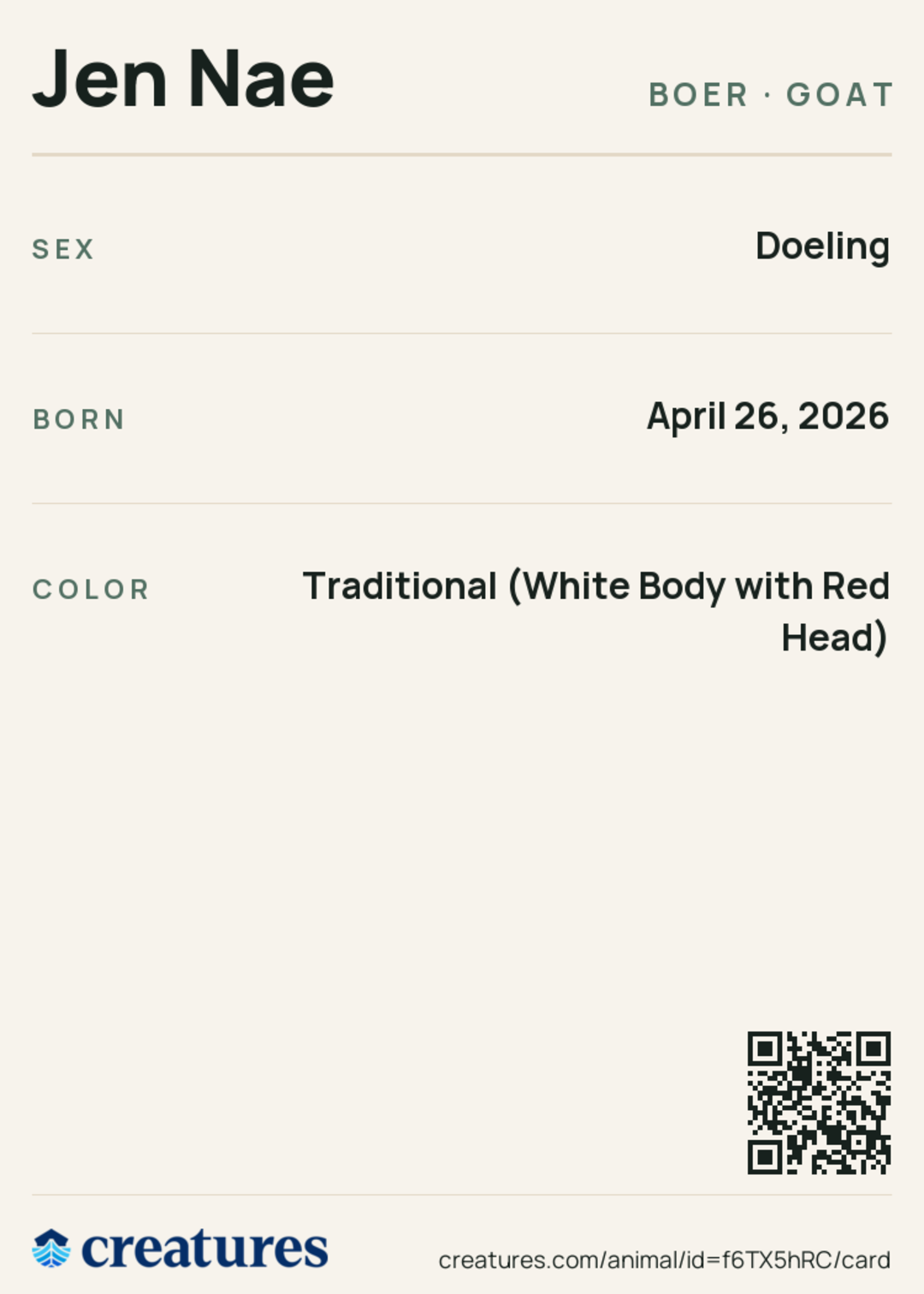 Jen Nae Creature Card back