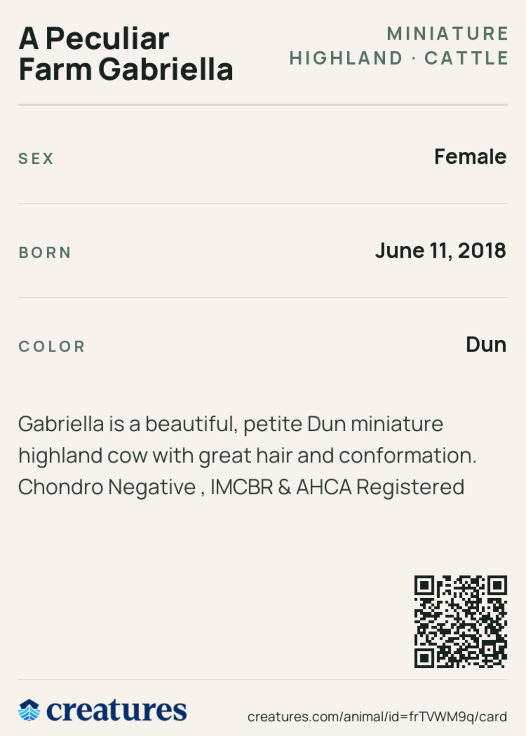 A Peculiar Farm Gabriella Creature Card back