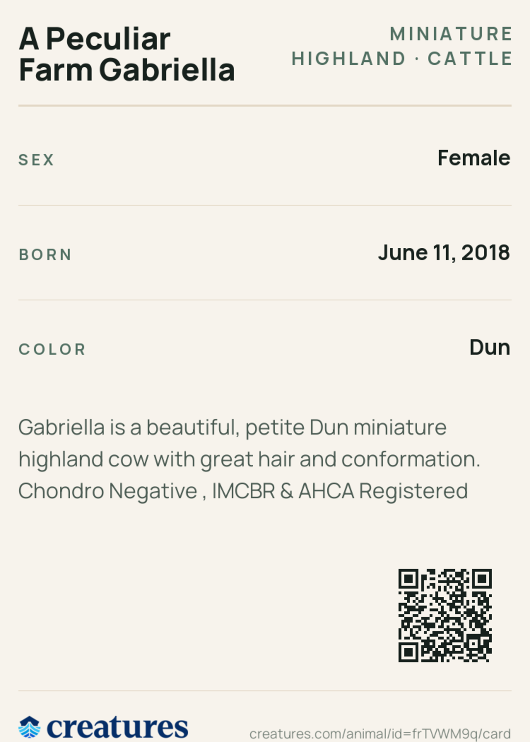 A Peculiar Farm Gabriella Creature Card back