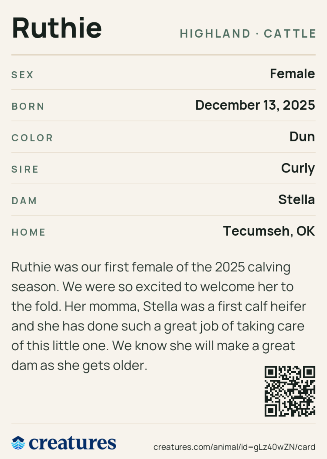 Ruthie Creature Card back