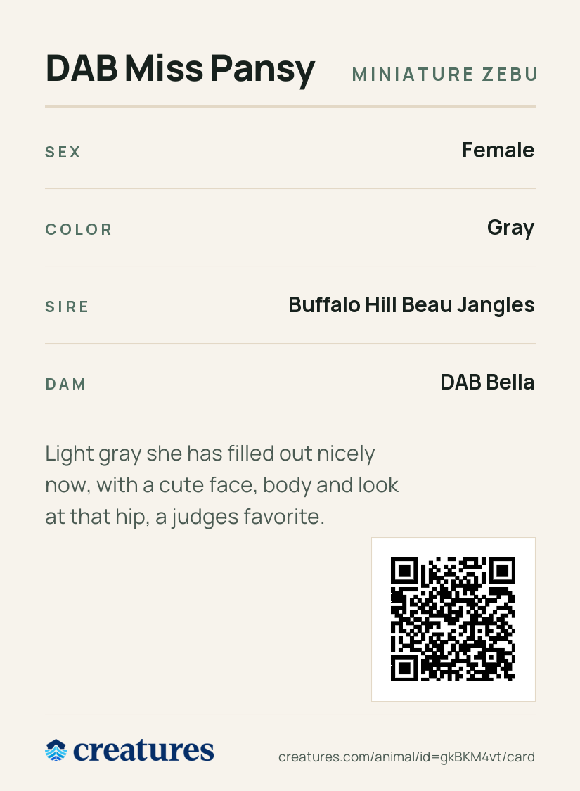 DAB Miss Pansy Creature Card back