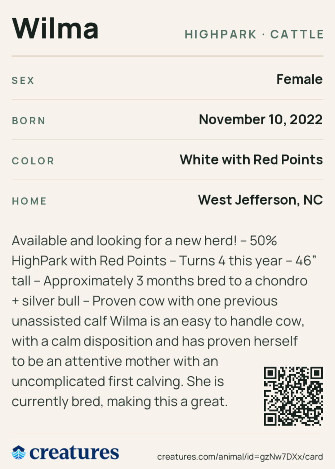 Wilma Creature Card back