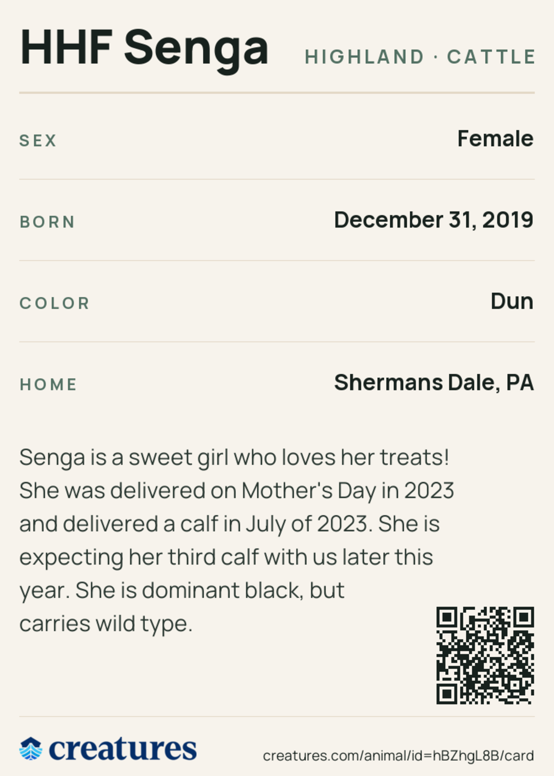 HHF Senga Creature Card back