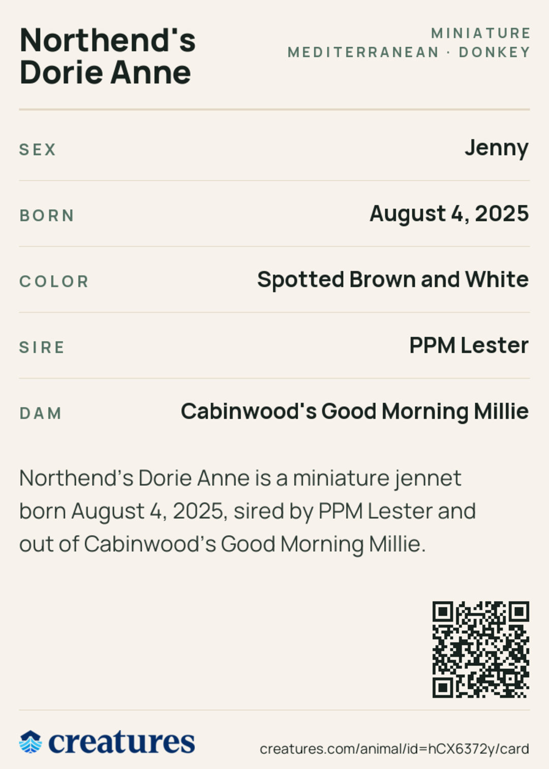 Northend's Dorie Anne Creature Card back