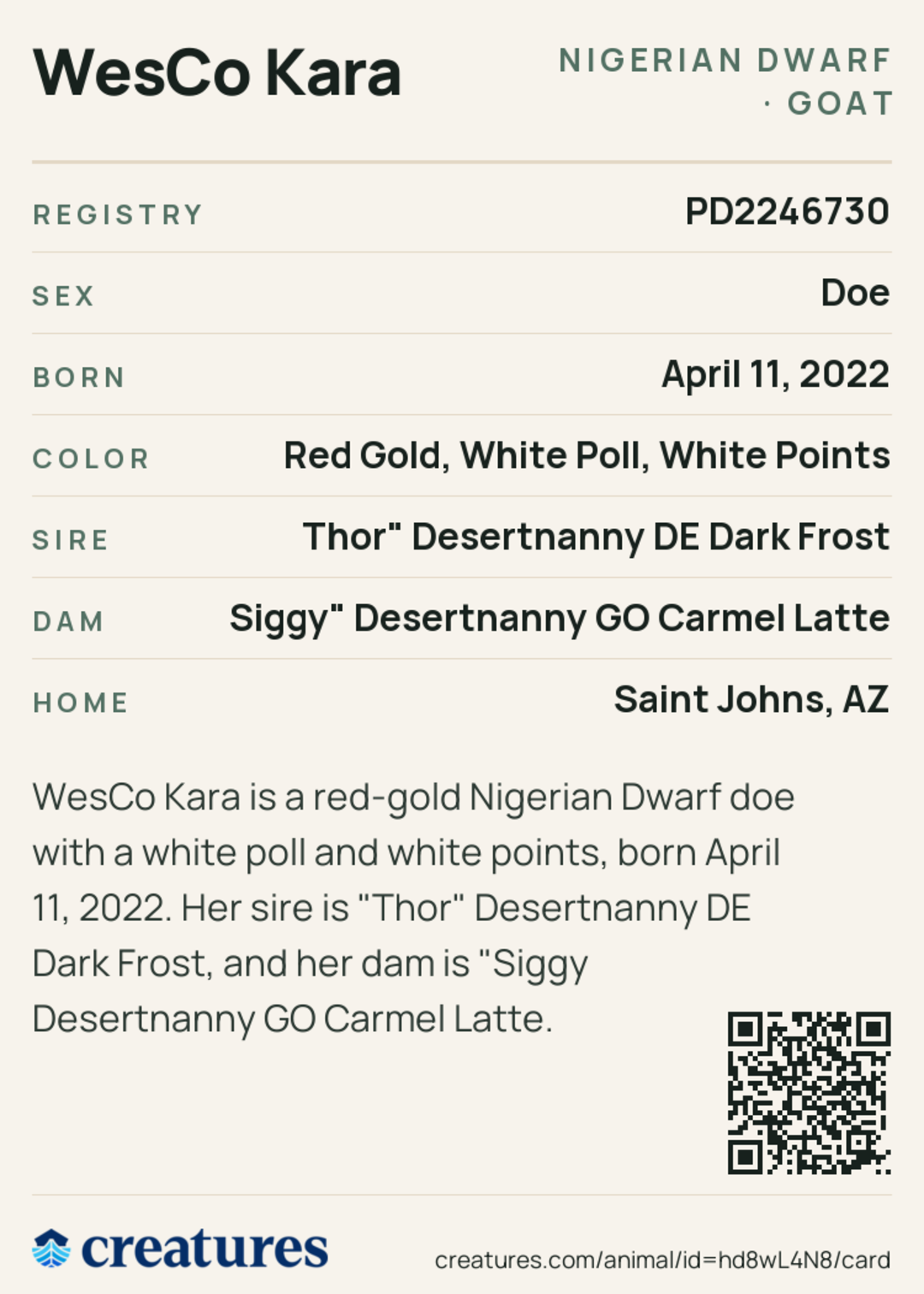 WesCo Kara Creature Card back