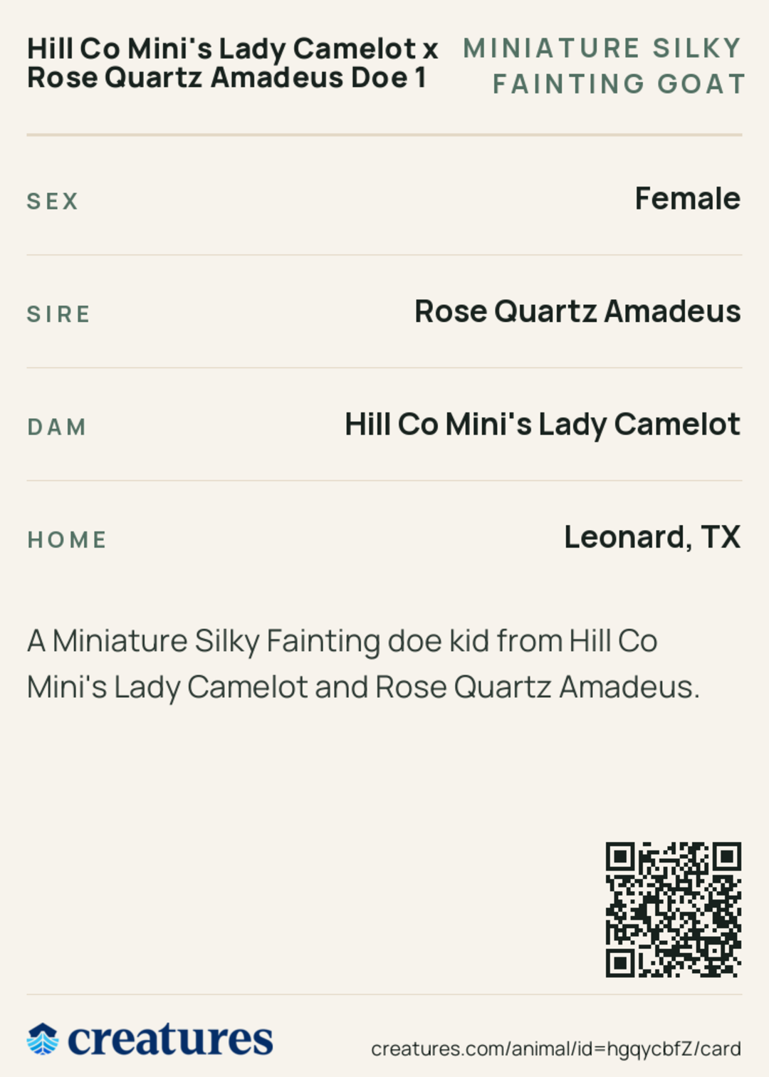 Hill Co Mini's Lady Camelot x Rose Quartz Amadeus Doe 1 Creature Card back