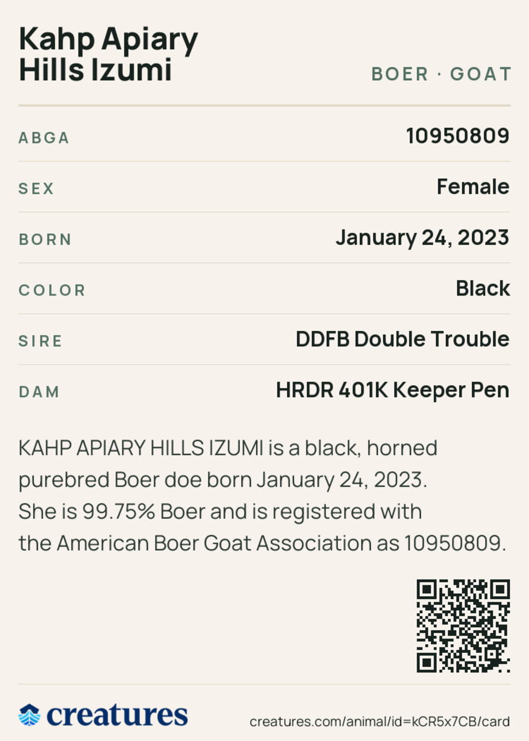 Kahp Apiary Hills Izumi Creature Card back