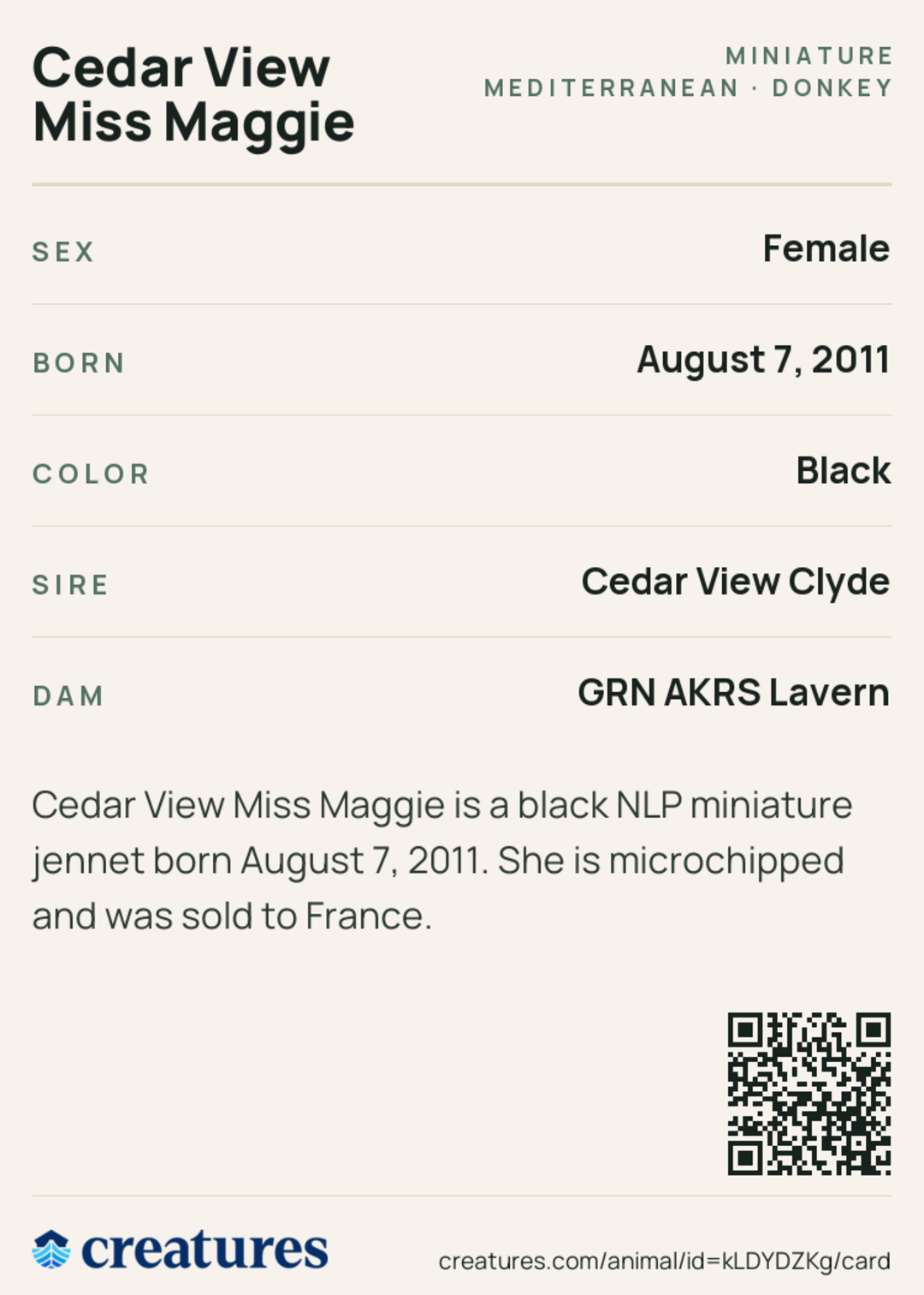 Cedar View Miss Maggie Creature Card back