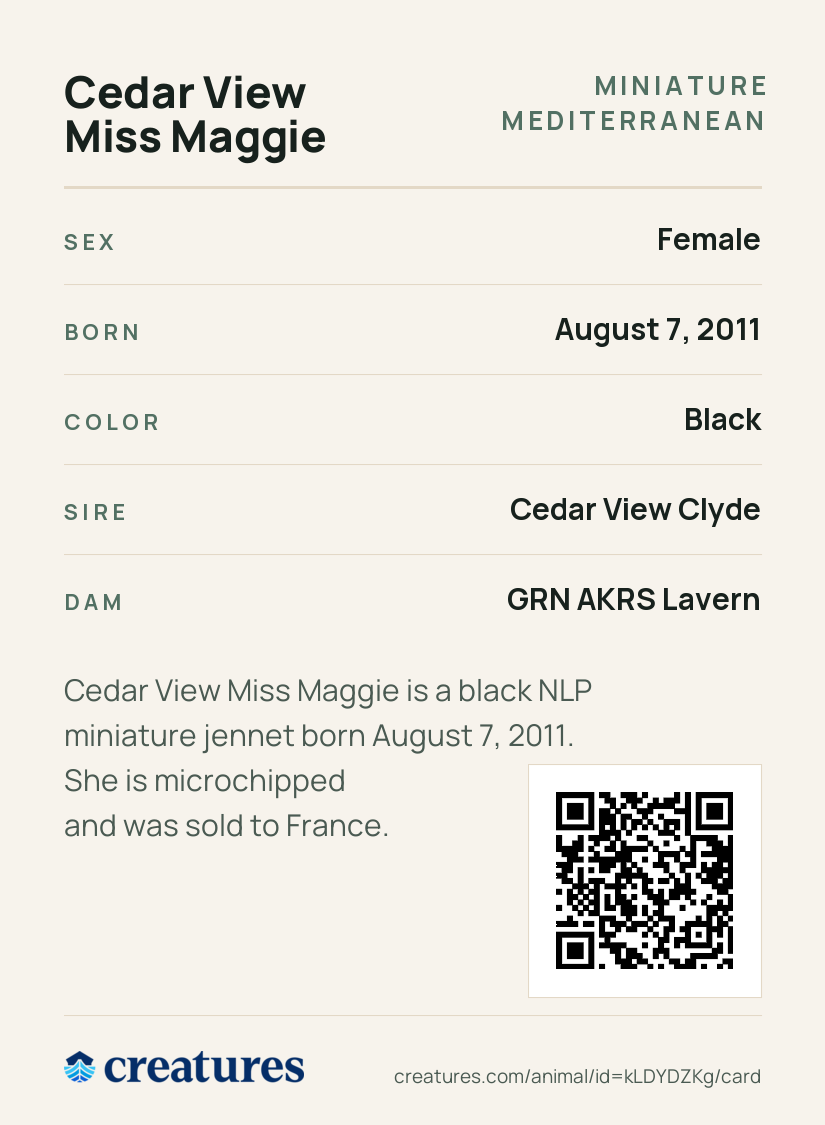 Cedar View Miss Maggie Creature Card back