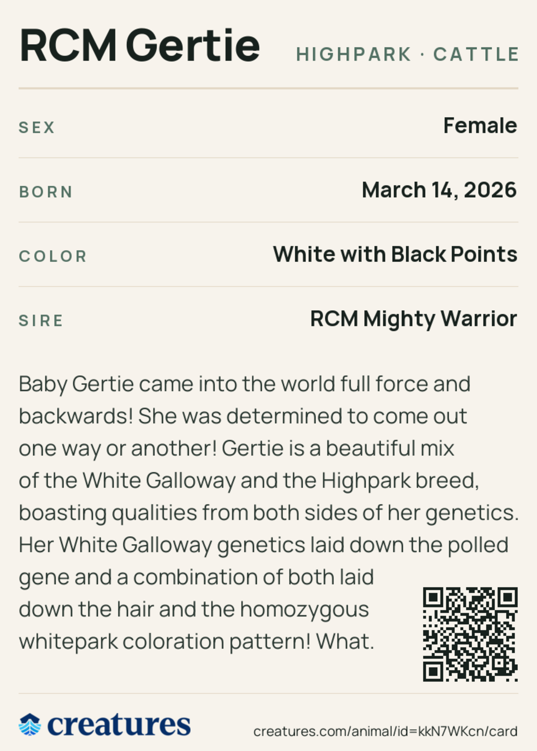 RCM Gertie Creature Card back