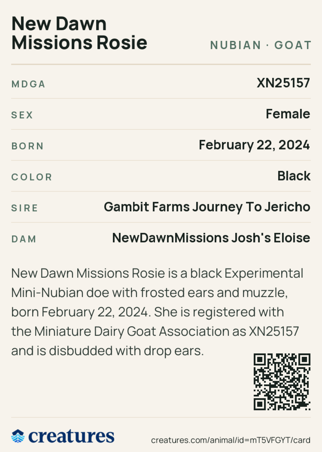 New Dawn Missions Rosie Creature Card back