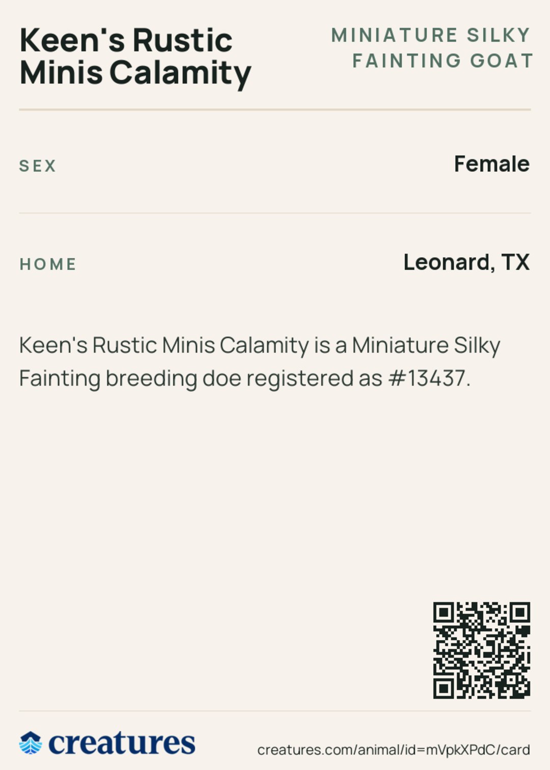 Keen's Rustic Minis Calamity Creature Card back