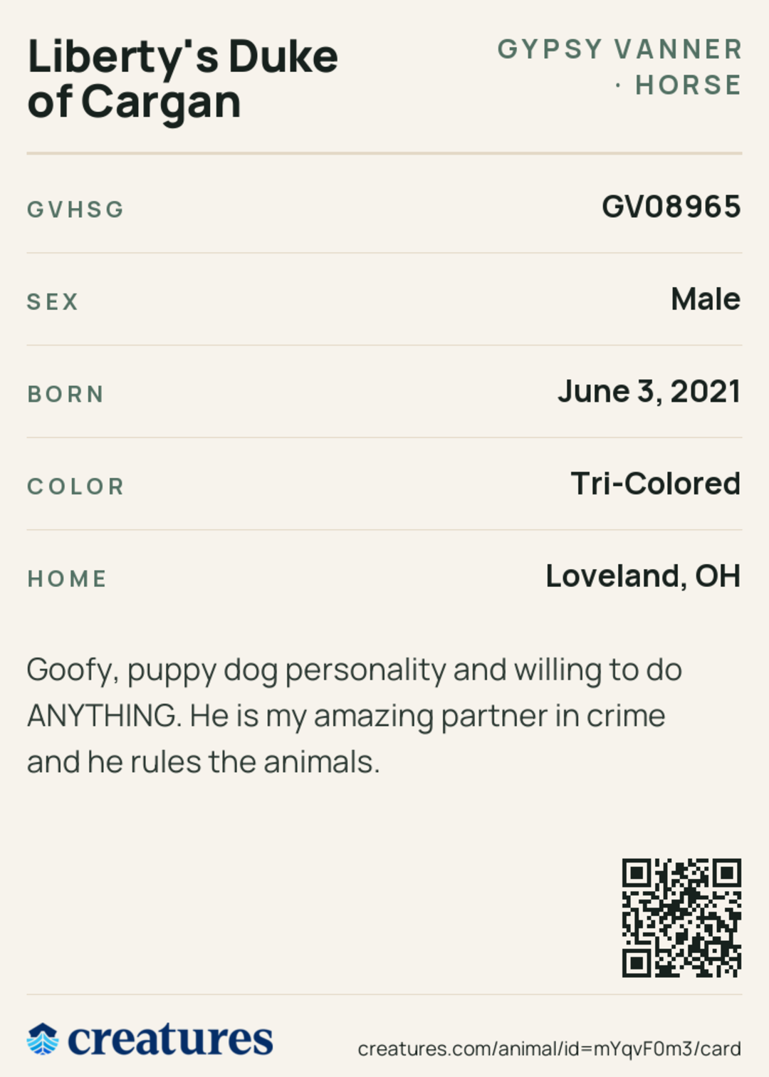 Liberty's Duke of Cargan Creature Card back