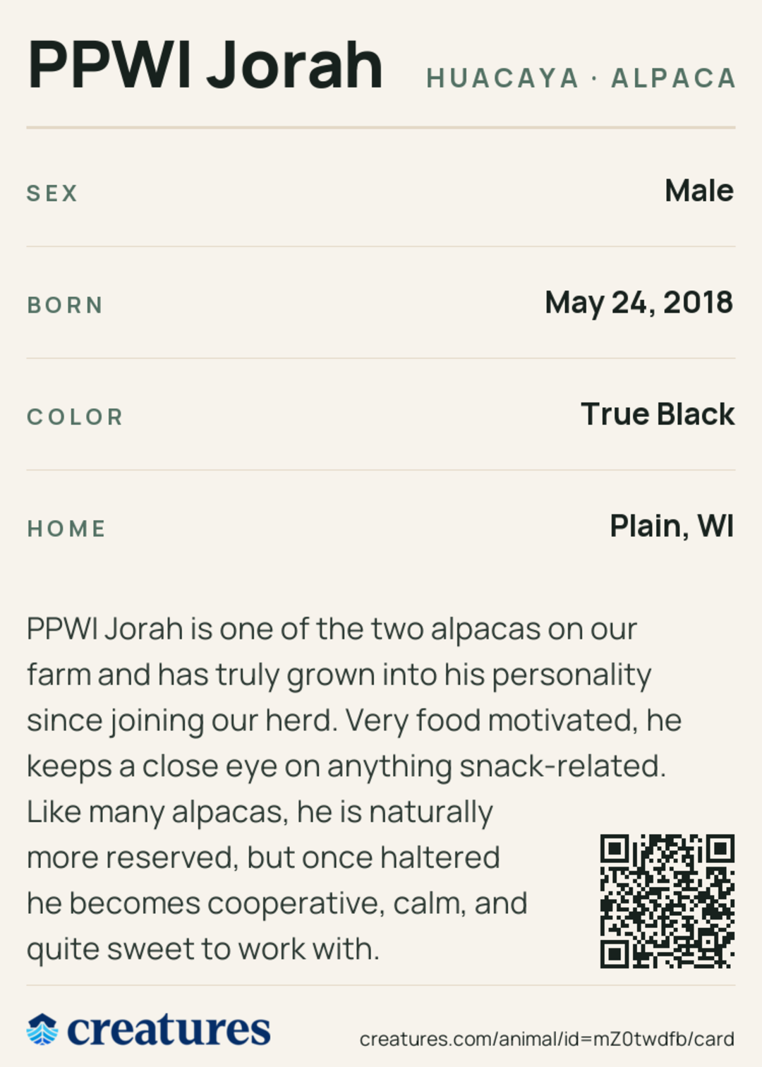 PPWI Jorah Creature Card back
